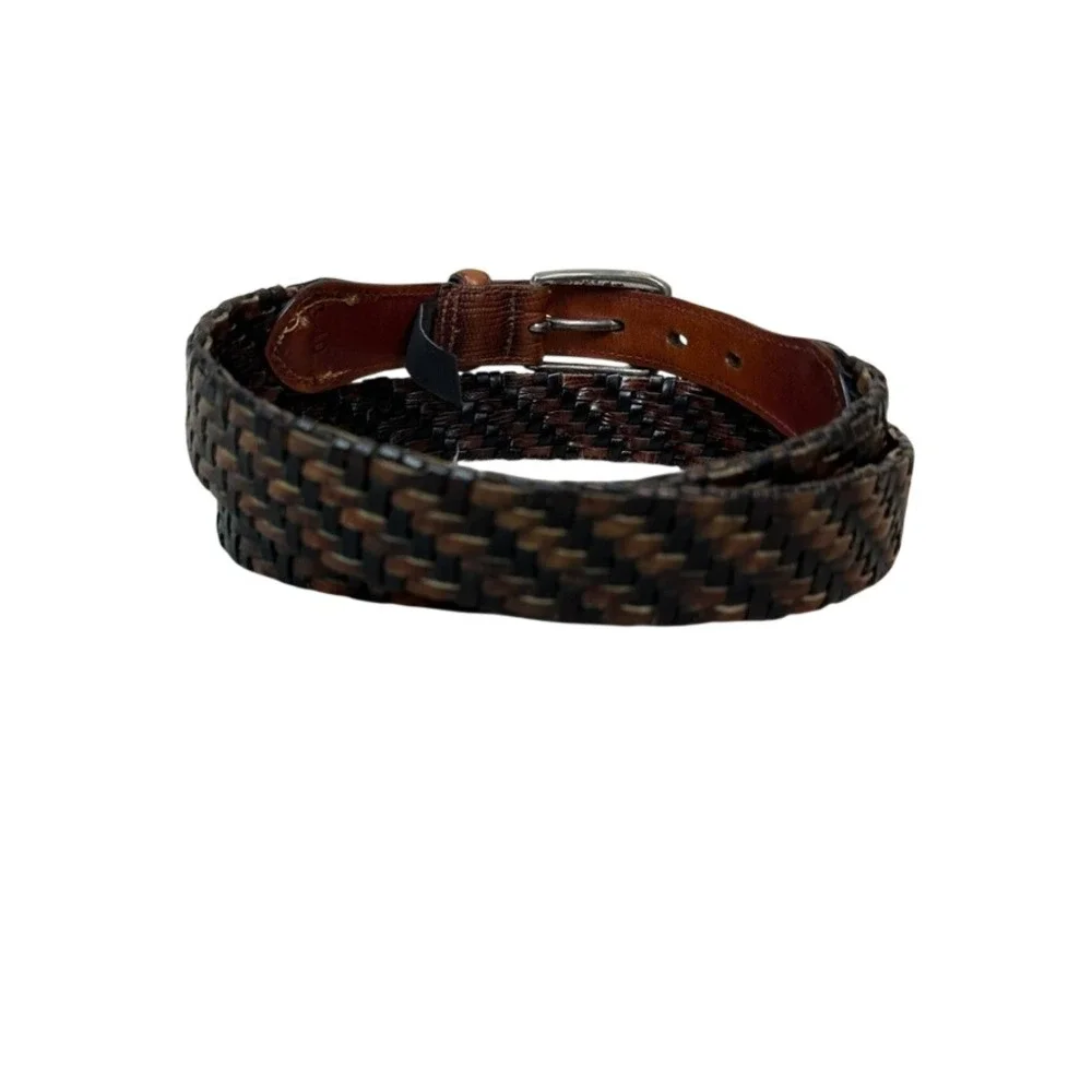 Brighton Mens Braided Woven Leather Belt Brown Black Lizard Embossed Trim 40